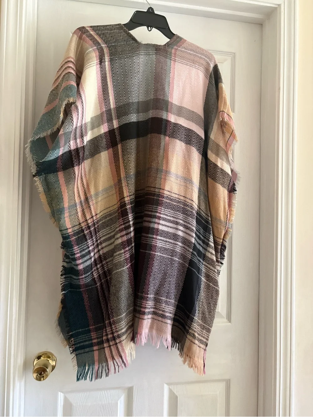 Plaid Fringe Open Front Kimono - Multi Pastel